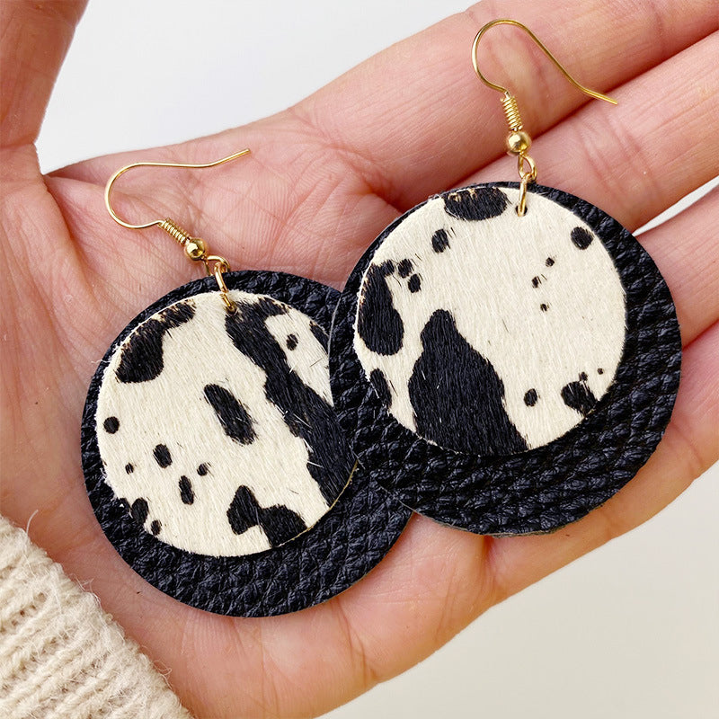 Wholesale 2pcs Cow Grain Leather Top Layer Cowhide Round Water Droplet Cow Head Retro Horsehair Quality Texture Fashionable Earrings